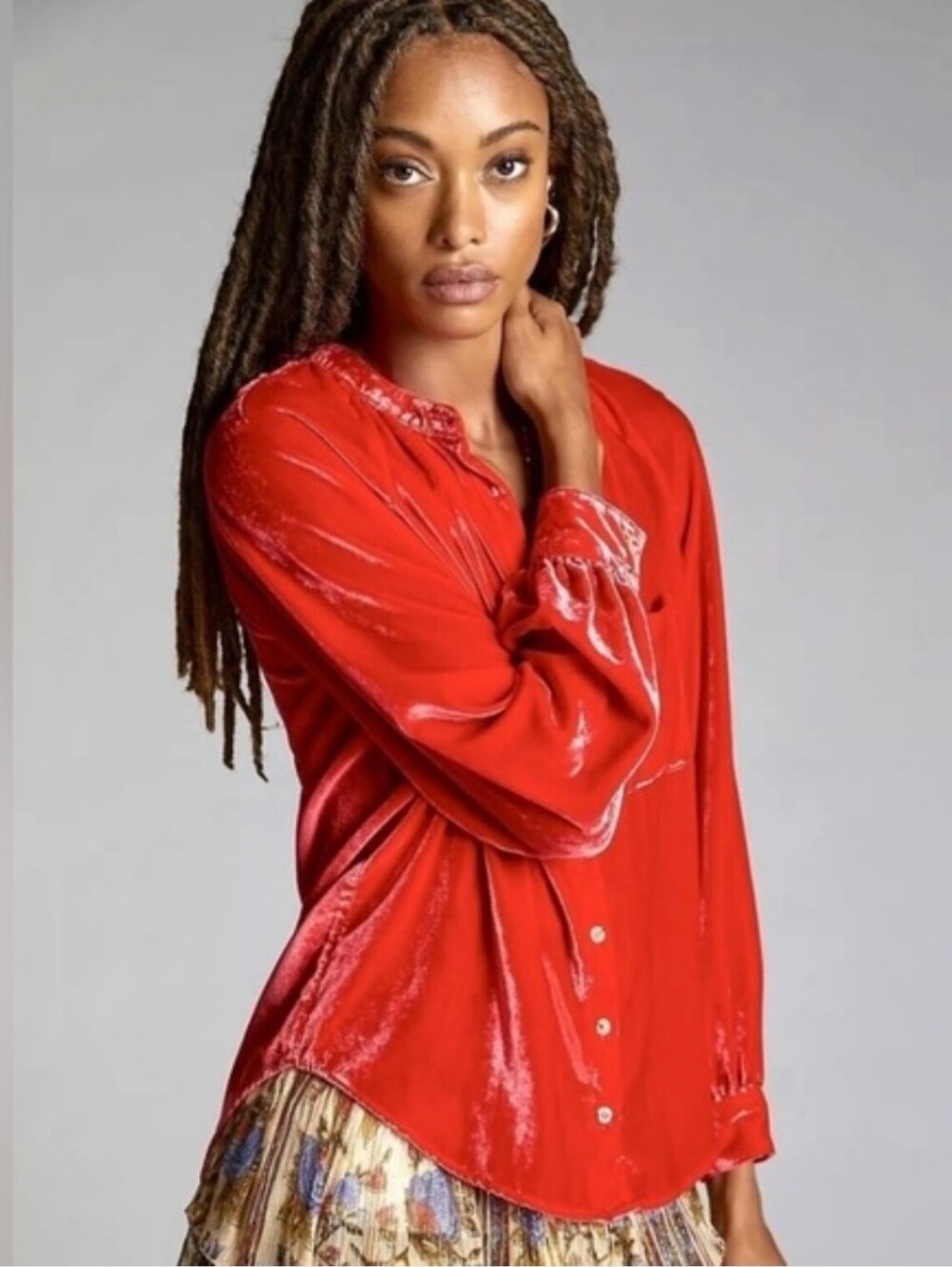 Pilcro Red Velvet Button-Down Shirt Holiday Parth Whimsigoth Going Out Size Lg. - Picture 4 of 15